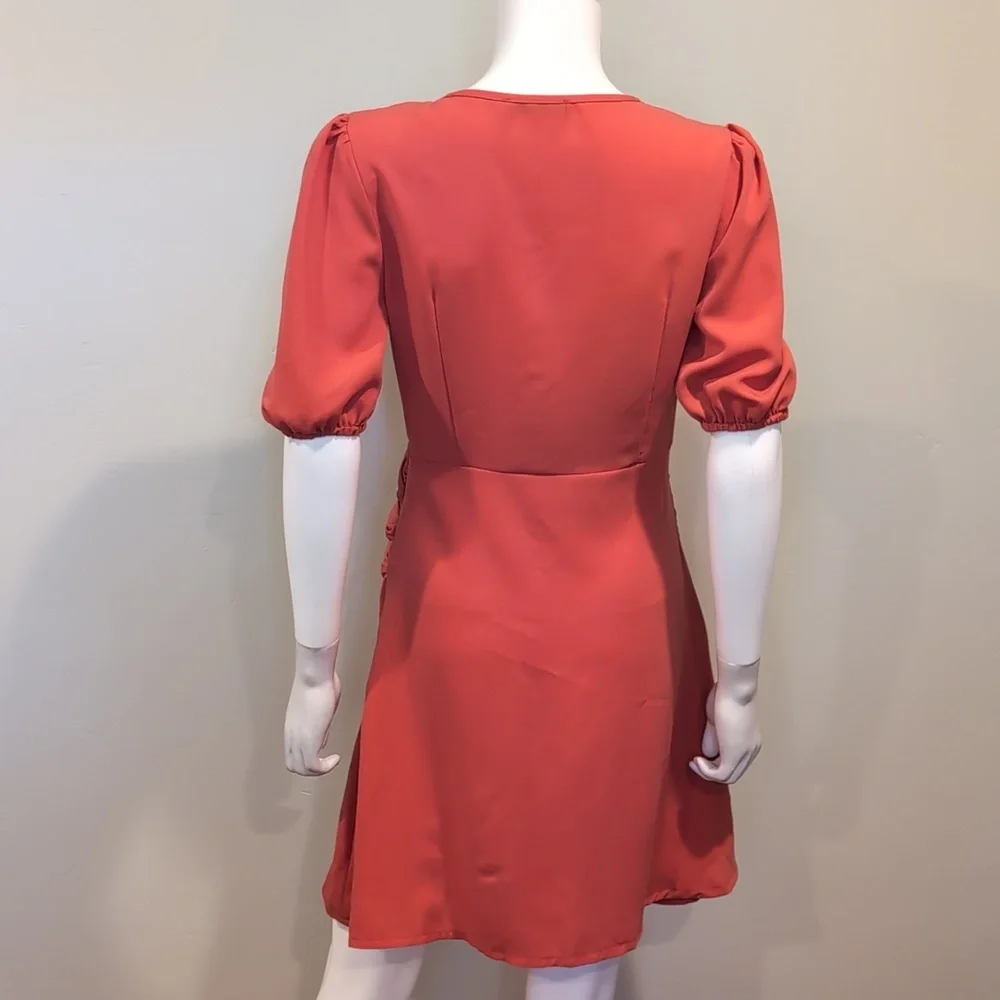 SHEIN Coral Pink V Neck Ruched Front Short Sleeve Mini Dress Size Medium